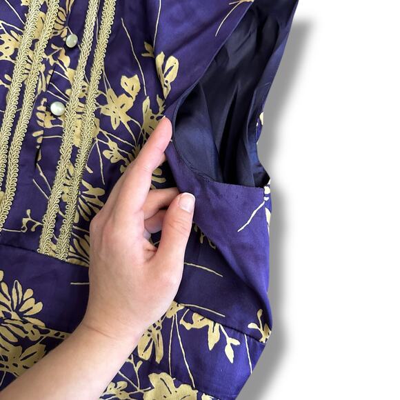 Jonathan Martin Studio 100% Silk Purple Gold Floral Embroidered Midi Dress Sz 8 - Picture 9 of 11
